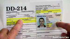 A veteran reviewing their DD-214 and an Illinois driver's license to prove the 6-month residency rule for the IVG.
