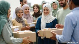 Muslim volunteers organizing community donations during Ramadan for a Sadaqah Jariyah project