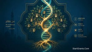 A graphic representing the Islamic concept of lineage and DNA in reproductive medicine.