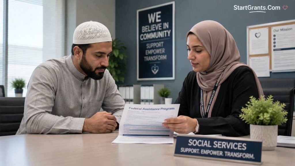A Muslim individual consulting with a social worker regarding government assistance.