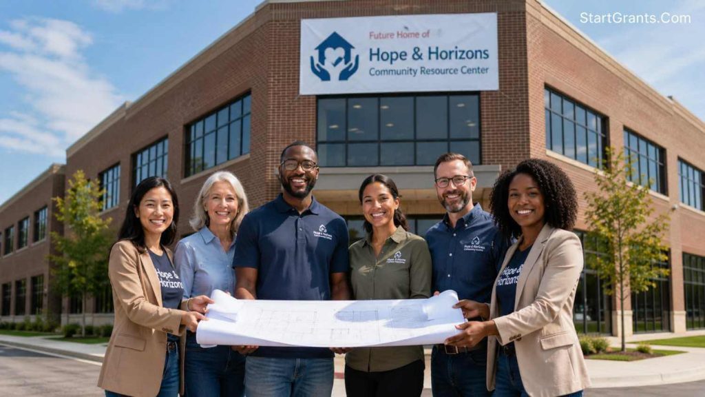 A non-profit team standing in front of a donated commercial building holding blueprints.