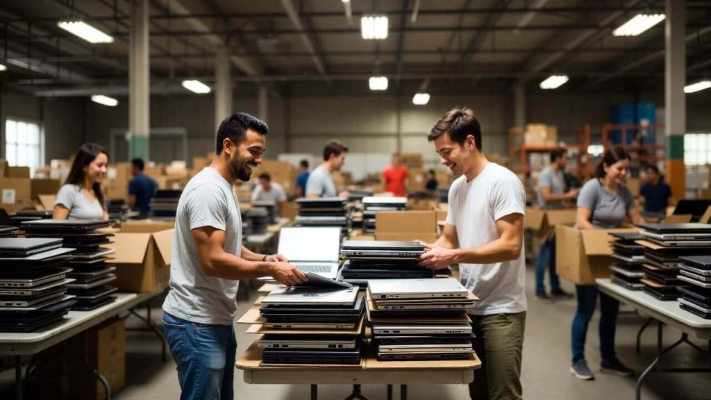 Volunteers at a non-profit organization refurbishing donated laptops for low-income families.