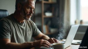 A military veteran studying on a laptop at home, applying for online college grants for veterans.