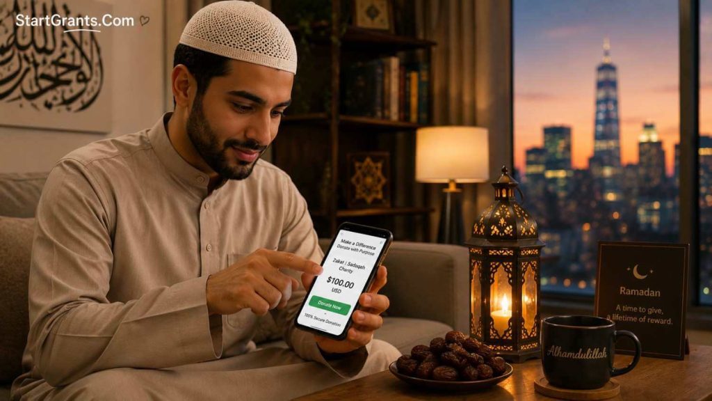 A modern Muslim using a smartphone to pay Zakat and Ramadan donations online.