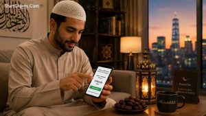 A modern Muslim using a smartphone to pay Zakat and Ramadan donations online.