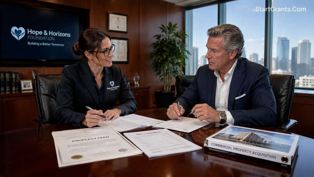 A non-profit director discussing property donation tax benefits with a real estate investor.
