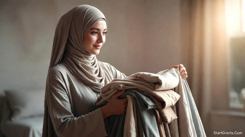A Muslim woman donating high-quality clothing as Sadaqah to preserve the dignity of the recipient.