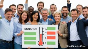 Volunteers cheering around a fully funded donation thermometer at a successful local charity fundraiser