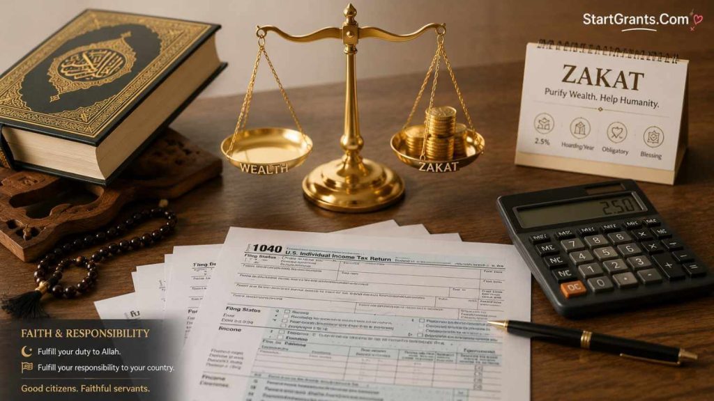 US tax forms next to a Zakat calculator and Quran.