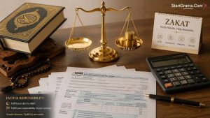 US tax forms next to a Zakat calculator and Quran.