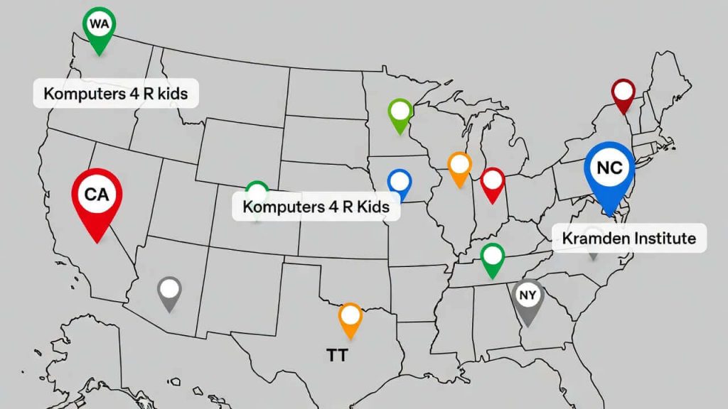 Map showing locations of regional non-profit computer refurbishers across the United States.
