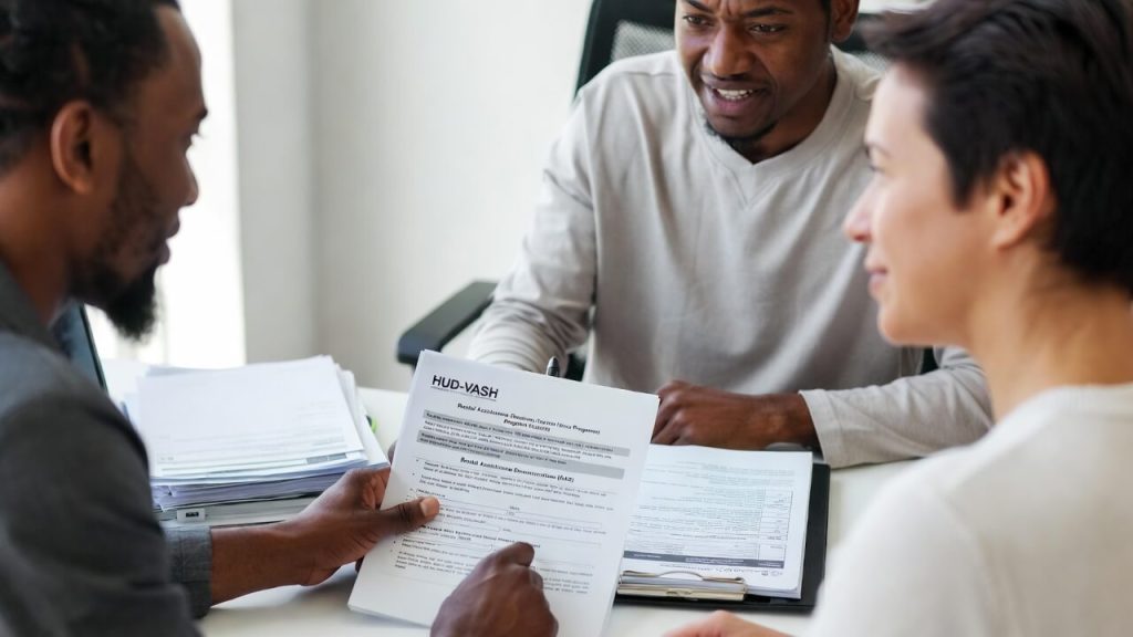 An SSVF case manager helping a veteran fill out forms for HUD-VASH housing vouchers and rental assistance.