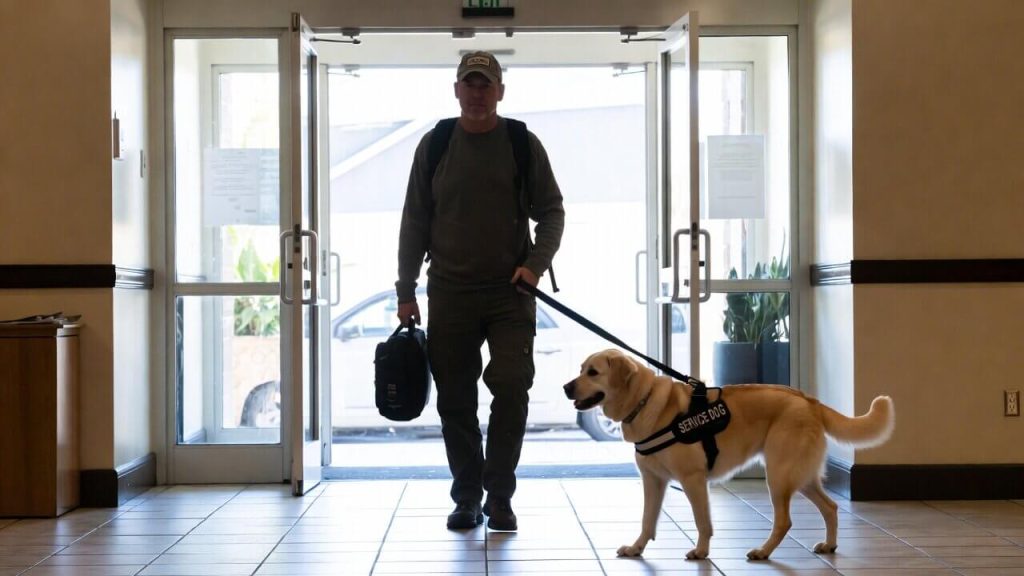 A veteran with a service dog entering a pet-friendly transitional housing facility.