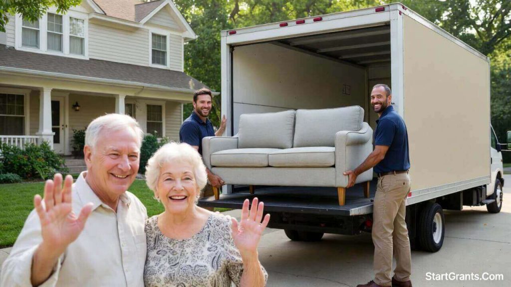 A cheerful elderly couple watching uniform movers load their gently used sofa onto a charity box truck for free donation pickup.