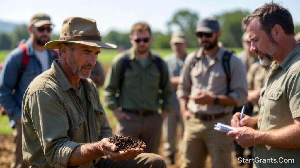 A group of military veterans learning soil health management at an Armed to Farm agricultural bootcamp.