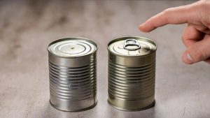 Canned food with a ring-pull (pop-top) lid that is easy to open without a can opener.