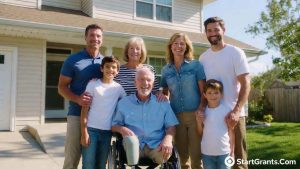 A disabled veteran in a wheelchair smiling in front of an accessible home funded by VA housing grants.