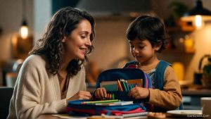 A relieved mother and her child sorting through a new backpack filled with free school supplies provided by a local community grant.