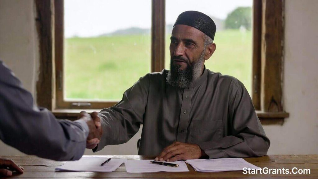A Muslim veteran farmer reviewing a Riba-free commercial finance contract to purchase new agricultural land.