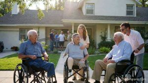 A military family standing proudly in front of a home funded by housing grants for disabled veterans.