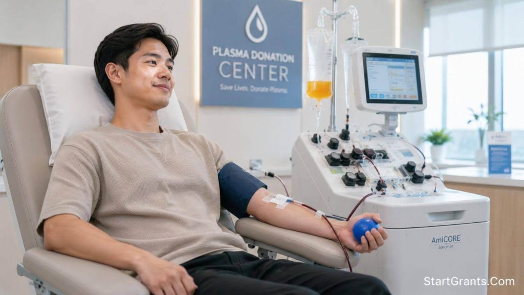A donor hooked up to an apheresis machine at a plasma donation center.