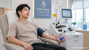 A donor hooked up to an apheresis machine at a plasma donation center.