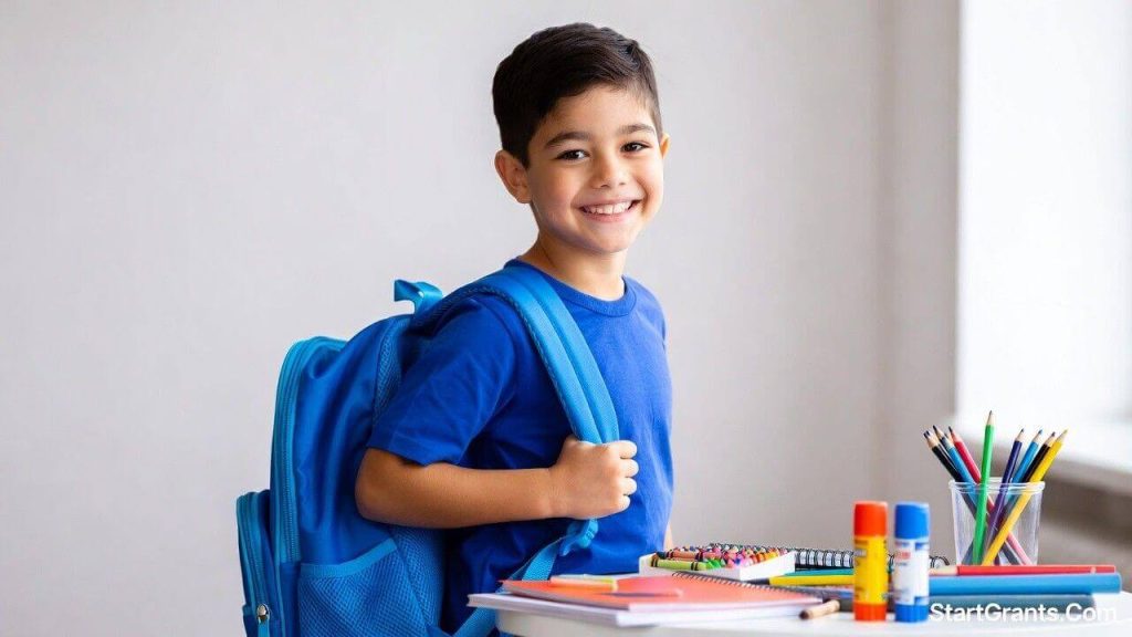 A happy student opening a brand new backpack filled with notebooks, pencils, and folders donated by a local community back-to-school drive.