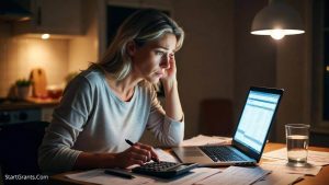 A mother at a kitchen table calculating her child's educational budget and searching for state tutoring vouchers