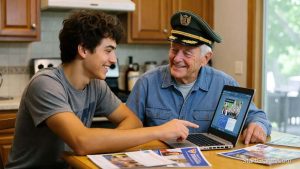 A college student reviewing applications for scholarships for grandchildren of veterans with their grandparent.