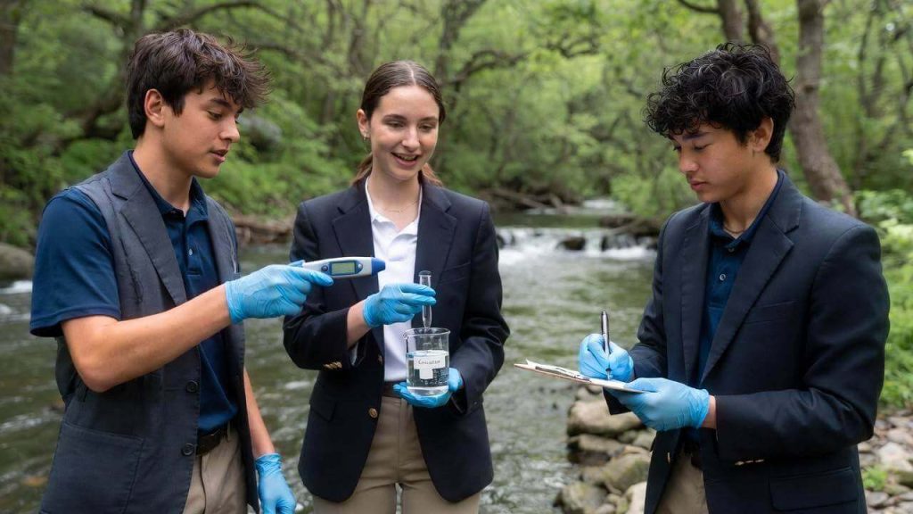 High school students and teacher testing local river water quality for an environmental science project