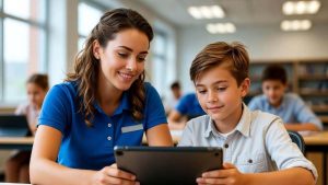 A tutor helping a young student with math on a tablet at a private tutoring center