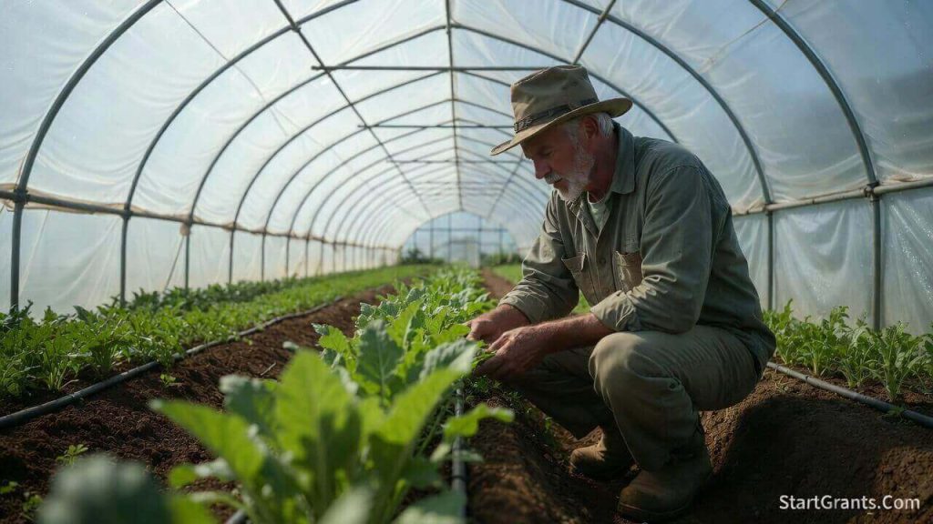 A veteran farmer inspecting crops inside a high tunnel greenhouse funded by a USDA EQIP cost-share grant.