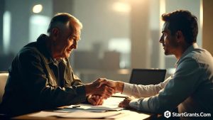 A relieved veteran receiving emergency financial assistance counseling to prevent eviction.