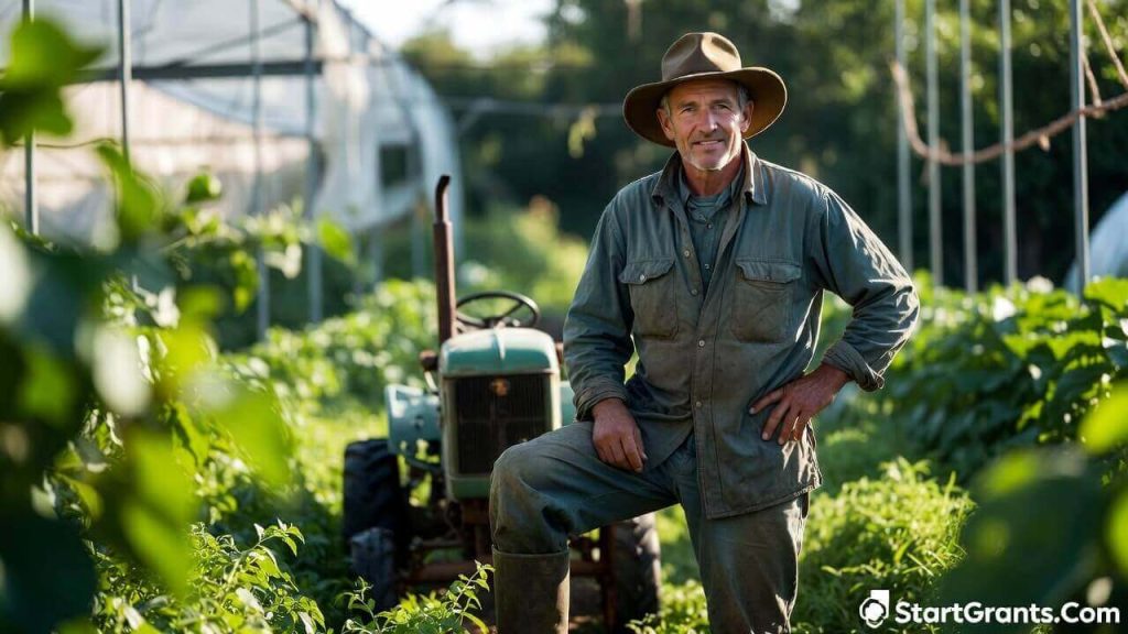 A veteran farmer inspecting crops after receiving a USDA microloan for agriculture.