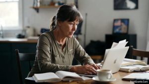 A female veteran using online college grants to study on her laptop at home.