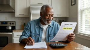 A disabled veteran homeowner reviewing a zero-balance property tax bill at their kitchen table.