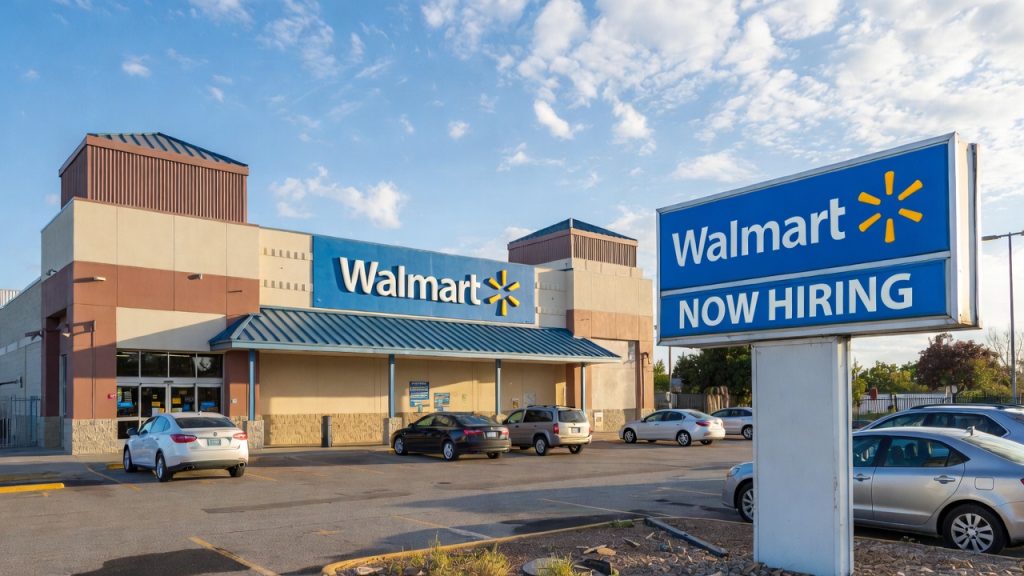 A Walmart store exterior with a large "Now Hiring" banner facing the parking lot.