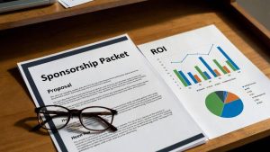 A detailed corporate sponsorship packet with ROI data next to a formal donation letter