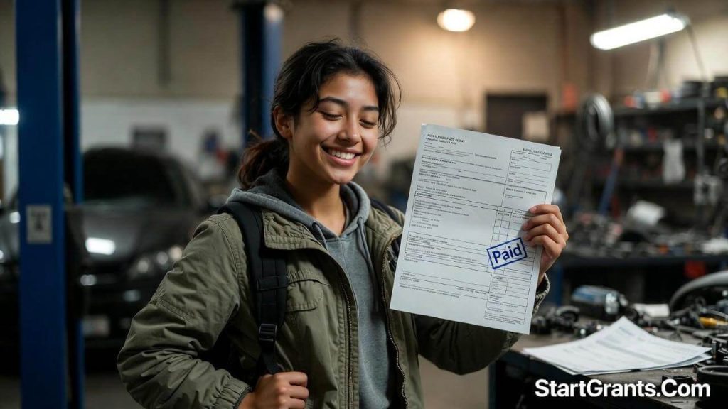 A relieved college student holding a mechanic's repair bill that was covered by a university emergency financial aid grant.
