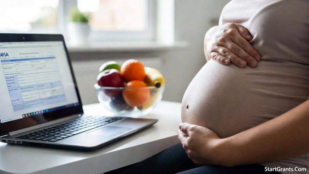 A pregnant woman reviewing her college financial aid forms on a laptop with healthy food nearby