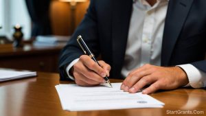 A nonprofit director signing a formal donation letter to secure a corporate sponsorship