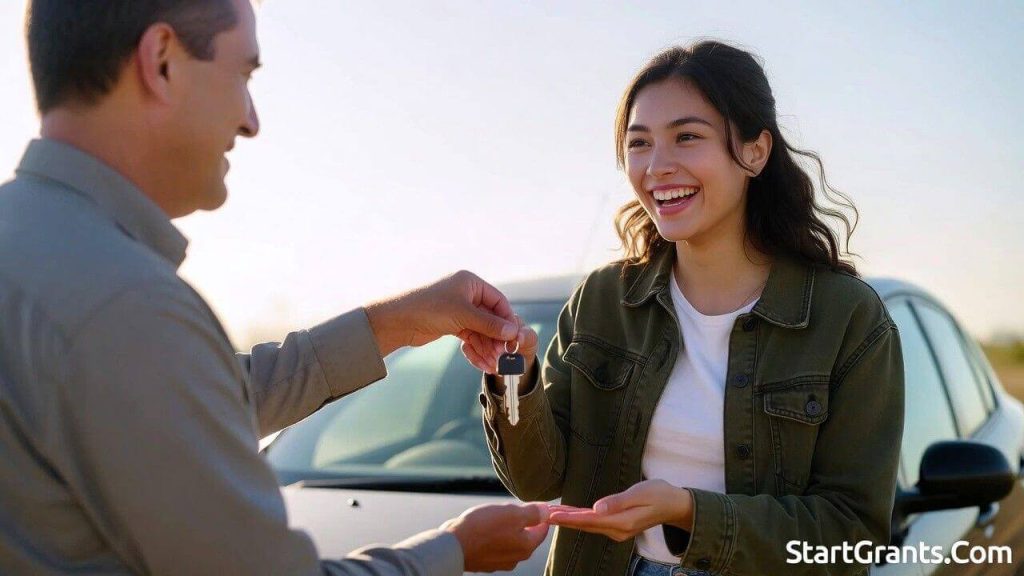 A relieved low-income college student holding the keys to a free donated vehicle provided by a local non-profit charity.