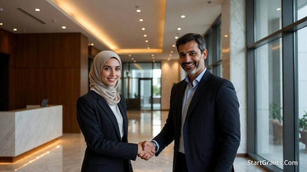 Muslim business owners shaking hands after agreeing to a corporate Sadaqah Jariyah sponsorship