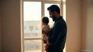 A single father and his child standing in a new apartment secured through a specialized housing grant.