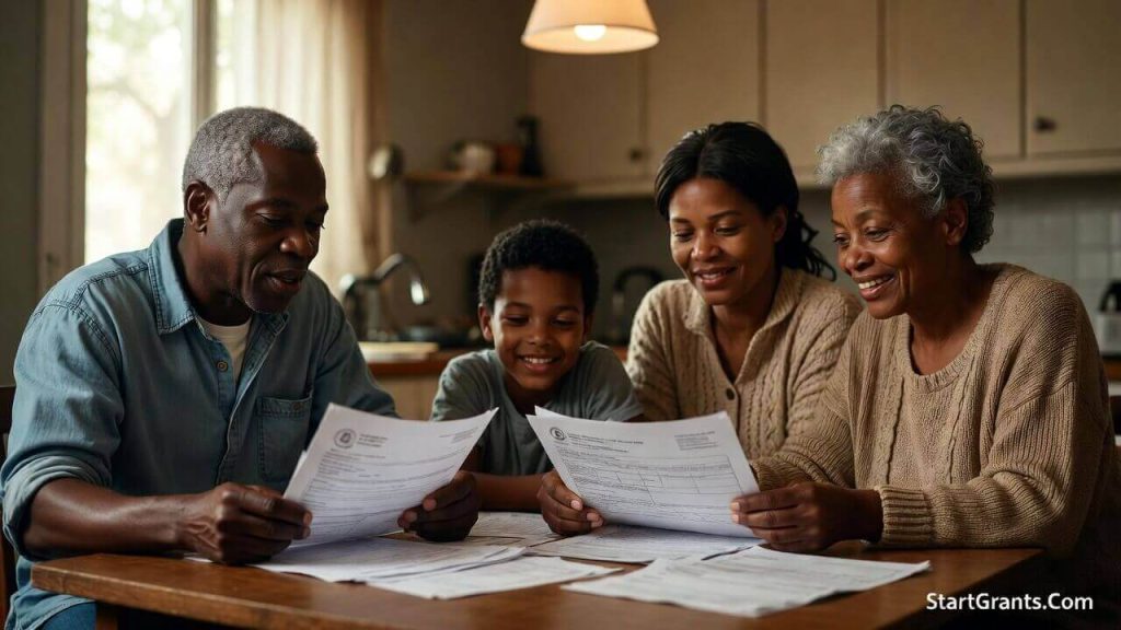 A low-income family successfully reviewing their government home grant and housing assistance paperwork.
