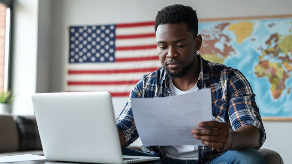 Immigrant entrepreneur reviewing business registration checklist on a laptop.