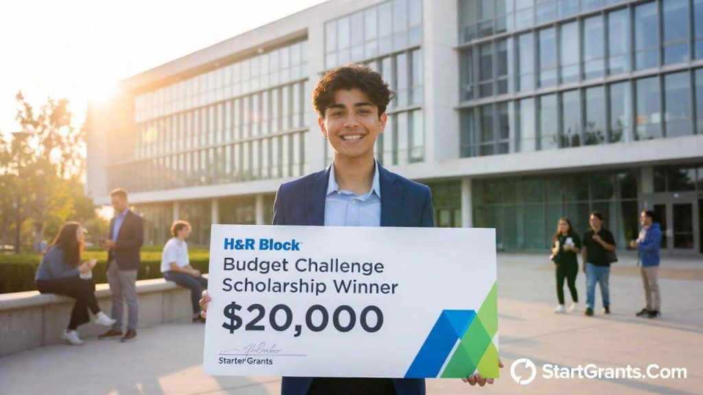 A winner of the H&R Block Budget Challenge scholarship holds a certificate of achievement on a university campus.