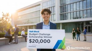 A winner of the H&R Block Budget Challenge scholarship holds a certificate of achievement on a university campus.