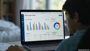 A high school student analyzes the H&R Block Budget Challenge financial simulation dashboard on a laptop in an effort to win a scholarship.
