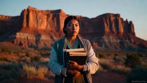 A proud Navajo high school student holding textbooks in front of a southwestern red rock landscape